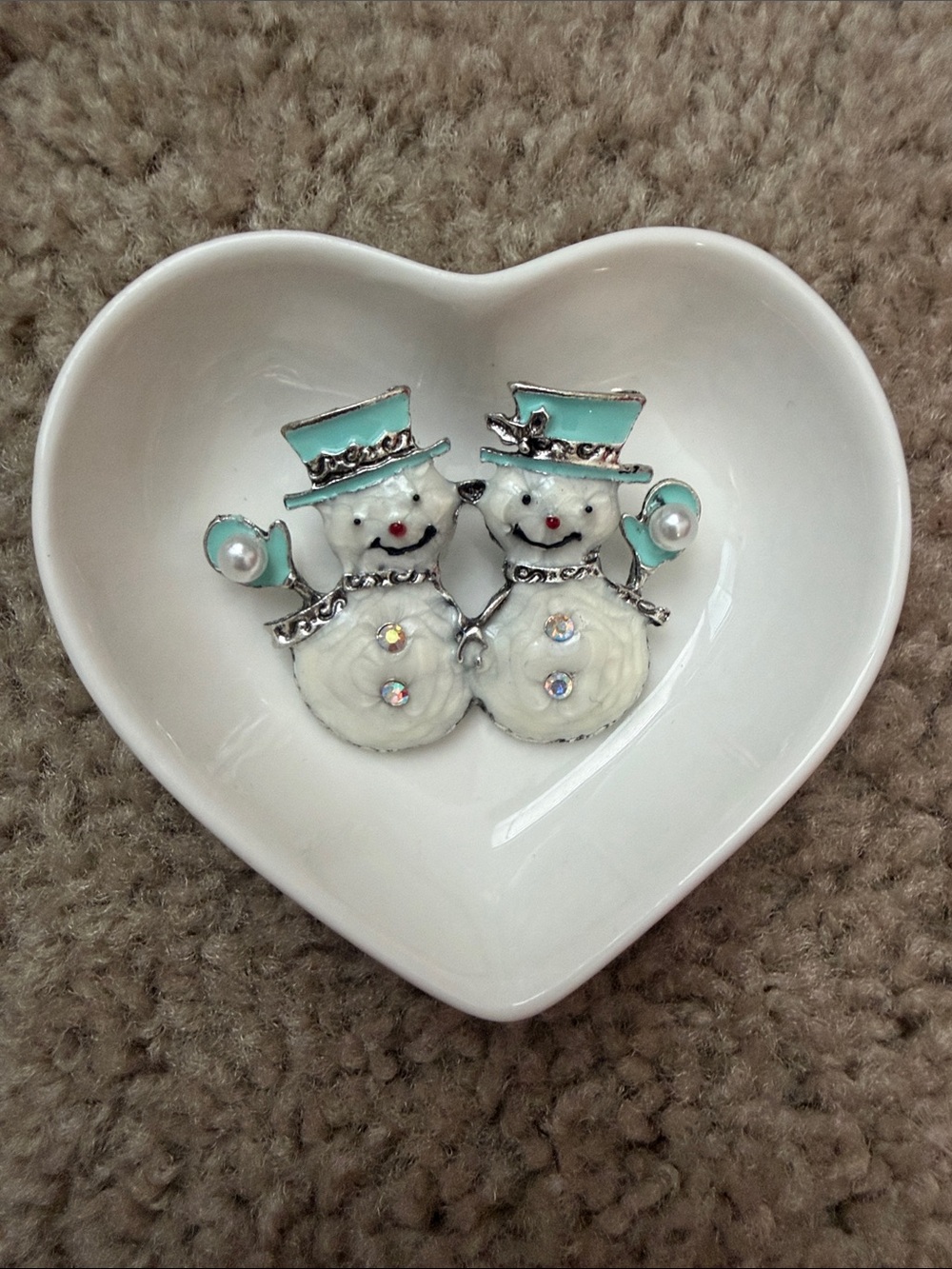 Holiday Snowman Brooch in White and Light Blue